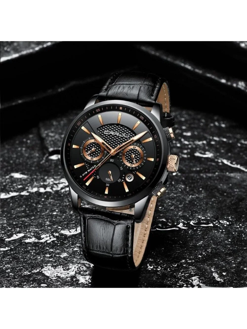Men's Black Gold Chronograph Leather Strap Quartz Waterproof Classic Wrist Watch